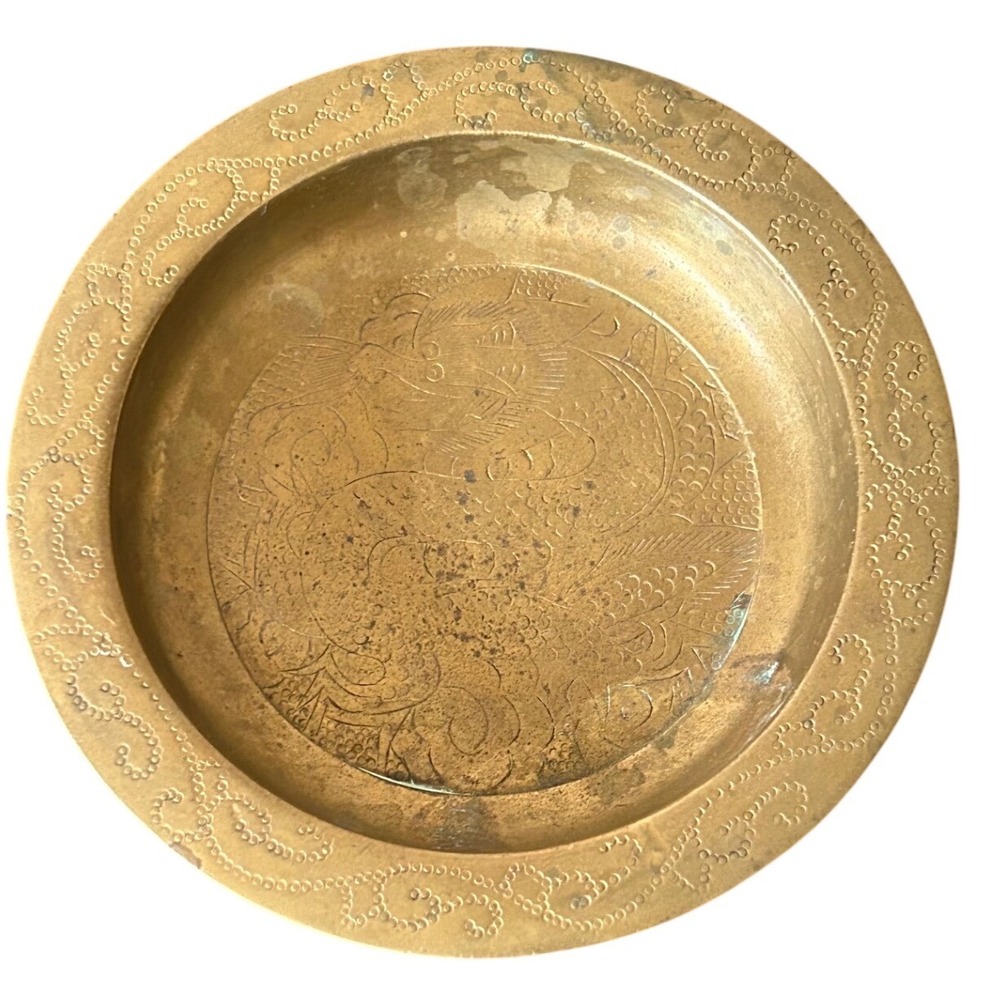 Vintage Etched Brass Dragon Dish Small Round Trinket Tray China 3.5 Inch